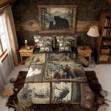 Grizzly Bear Deer Plaid 7 Piece Queen Comforter Set, Rustic Farmhouse Cabin Bedd