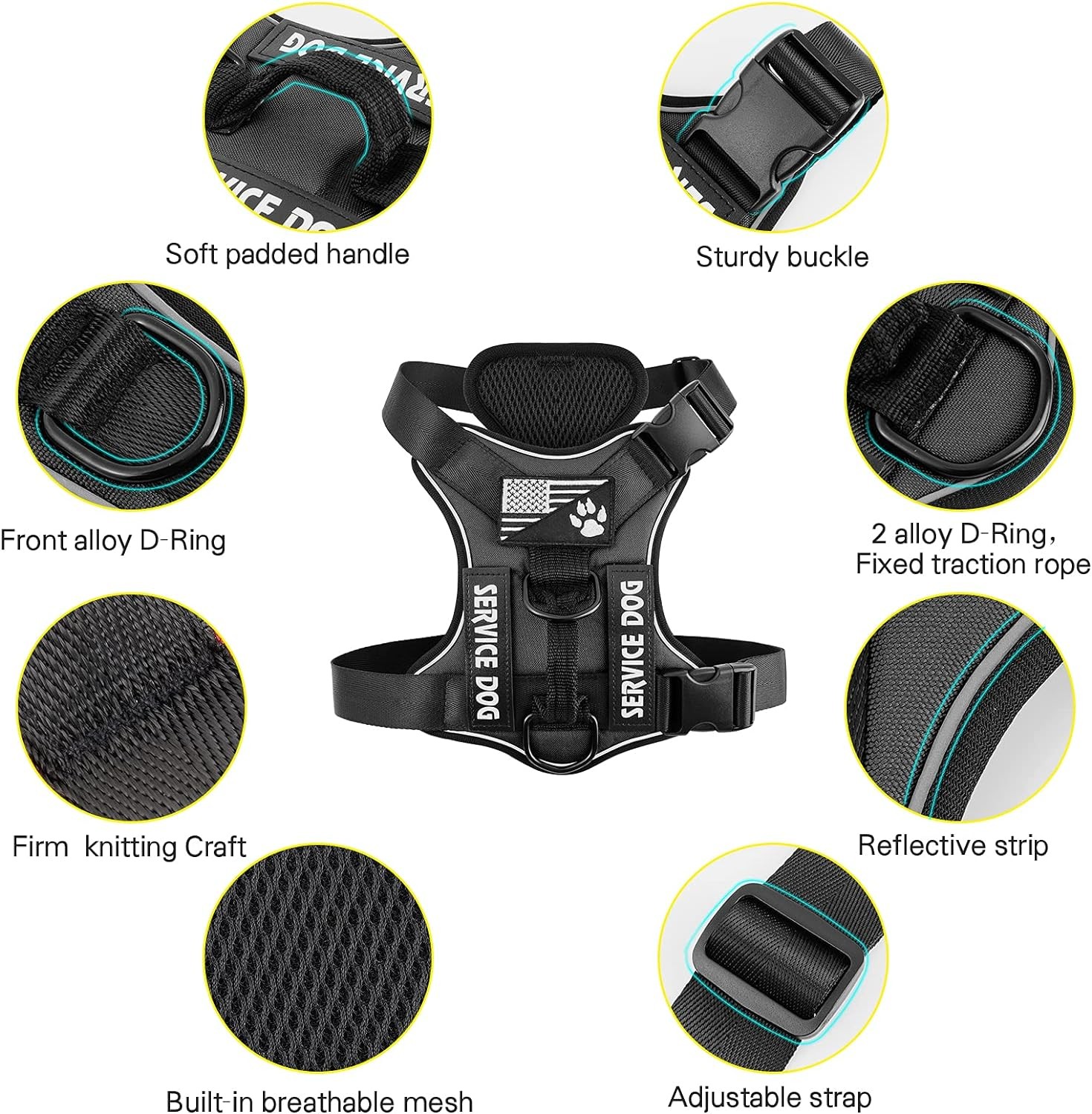 Reflective Service Dog Harness Adjustable Vest with 5 Patches Mesh