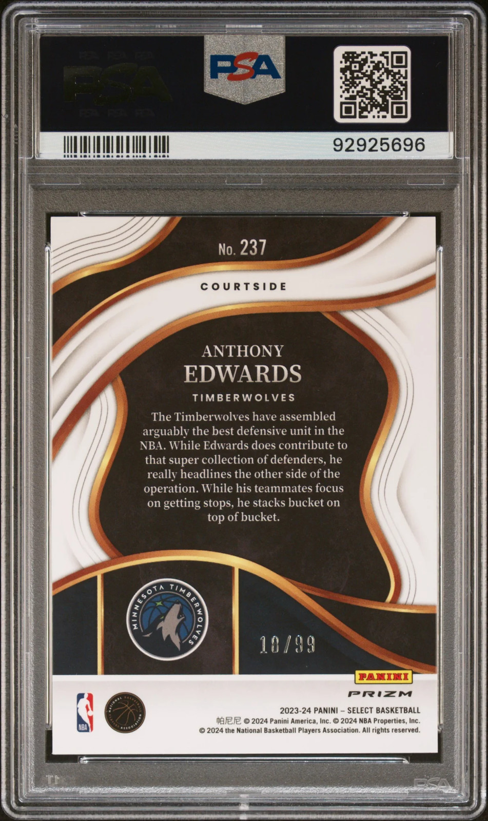 2023 Panini Select Anthony Edwards #237 Purple Cracked Ice /99 PSA 9 view 2