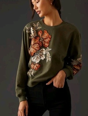 Anthropologie Appliqué Sweatshirt Green Floral XSpre-owned.