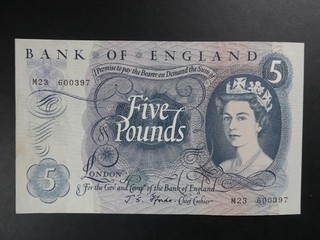 M PREFIX REPLACEMENT 1967 FFORDE (GB/ENGLAND) £5 BANKNOTE CRISP VF