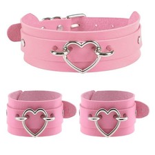 3Pcs Leather Choker Collar Set,Heart Necklace Wide Wrist Bracelets Combo Punk