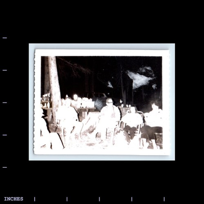 #ad Old Vintage Photo MEN WOMEN SITTING AROUND CAMPFIRE POLAROID $1.60