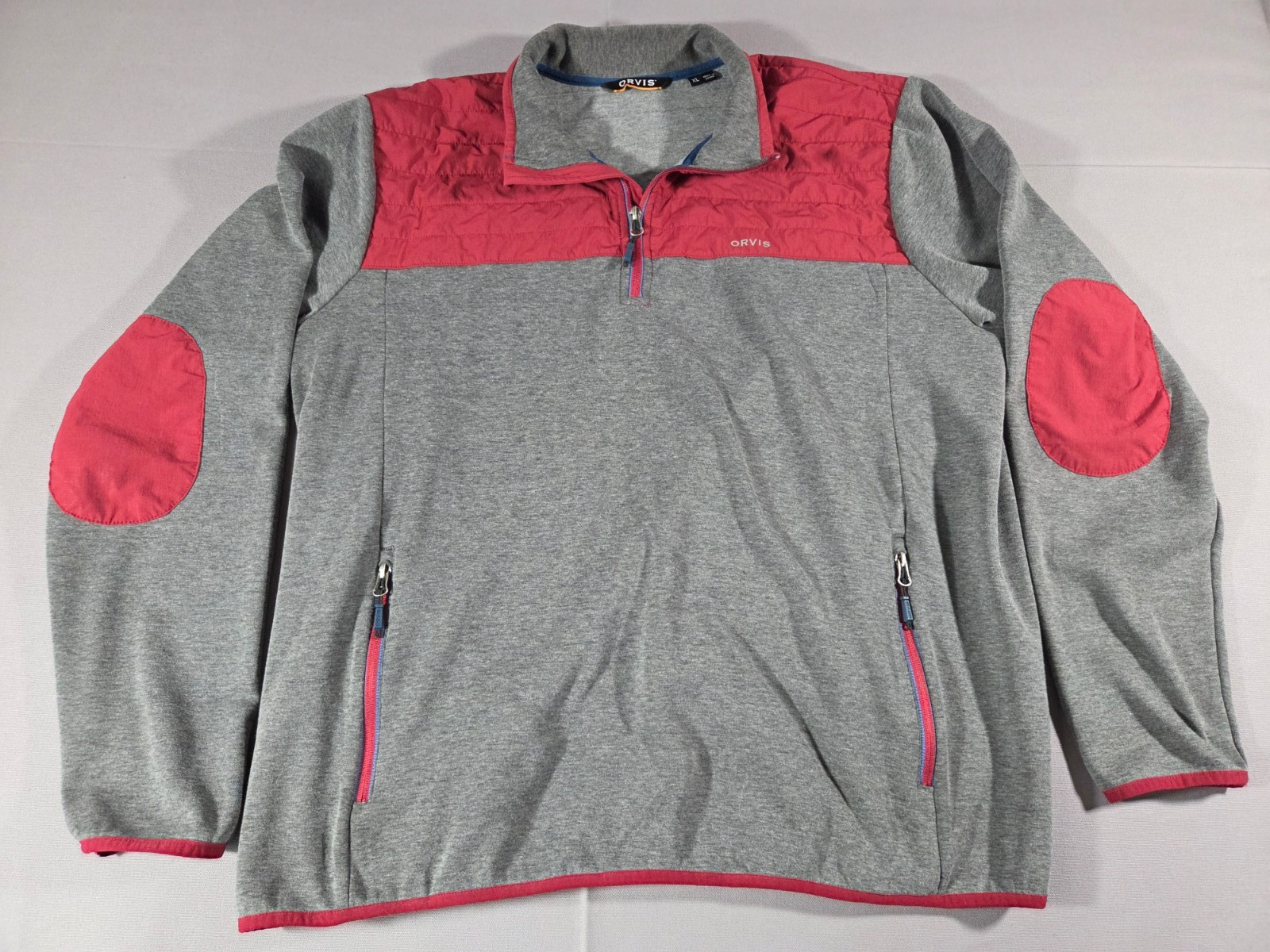 Orvis Jacket Mens XL Gray Full Zip Elbow Patch Stretch Jacket Red Trim