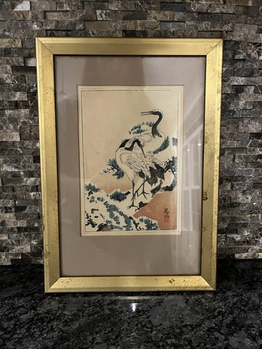 Kōno Bairei (1844–1895) Japanese Woodblock Print – Cranes in Winter, Signed & Se