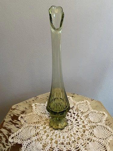 Swung Vase Mid Century Modern Green Glass Footed  Base 15 1/2” Tall