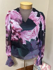 Express Whimsical Floral Print Sheer Balloon Sleeve Flutter Cuff Top Small