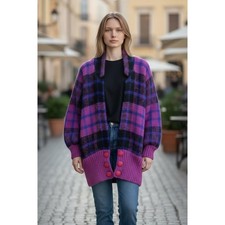 Vintage I.B. Diffusion Mohair Wool Plaid Cardigan Purple Pink Oversized 80s