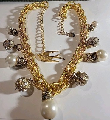 Vintage Signed Miriam Haskell 37in Goldtone Faux Pearls Clear Crystals...