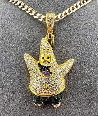 Iced Out 18k Gold Plated SpongeBob Patrick Necklace 925 Sterling Silver
