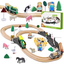 Wooden Train Track Set for Toddler, 54-Piece Farm Train Toy Set for Kids 3-5 ...