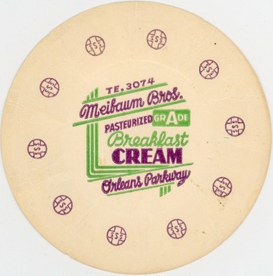 Vintage Milk Cap Cover- Meibaum Bros. - Orleans Parkway (Louisiana) - TEL. 3074