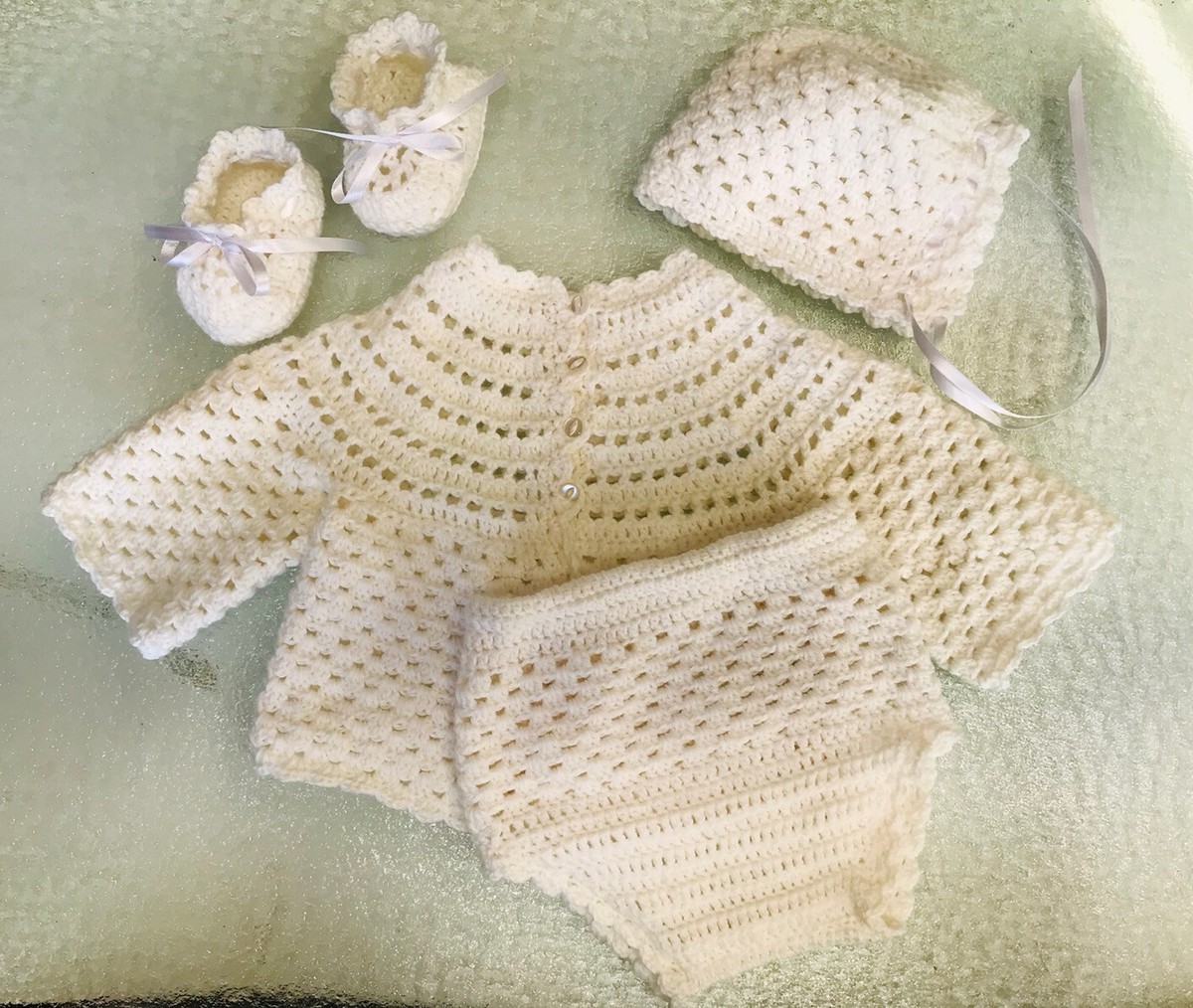 Baby Booties Jacket Bonnet Panties Crochet Handmade Newborn Month Cream  White