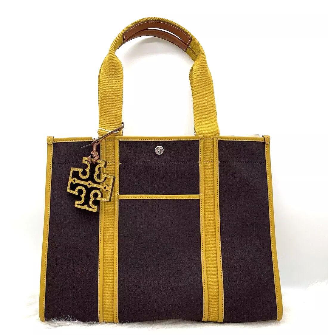 AUTH NWT $398 Tory Burch Women’s Large Twill Canvas Tory Tote In Dark Mahogany
