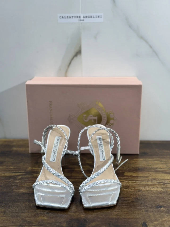 Francesco Sacco Sandalo Donna Luxury Handmade In Pelle Argento 37.5 - Immagine 2 di 4