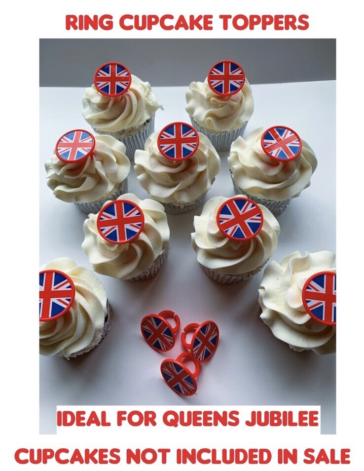 25 x UNION JACK KINGS CORONATION RING Cupcake Toppers plastic Army military