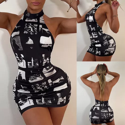 Damen Sexy Neckholder Kurz Bodycon Minikleid Ärmellos Rückenfrei Party Clubwear - Bild 5 von 29