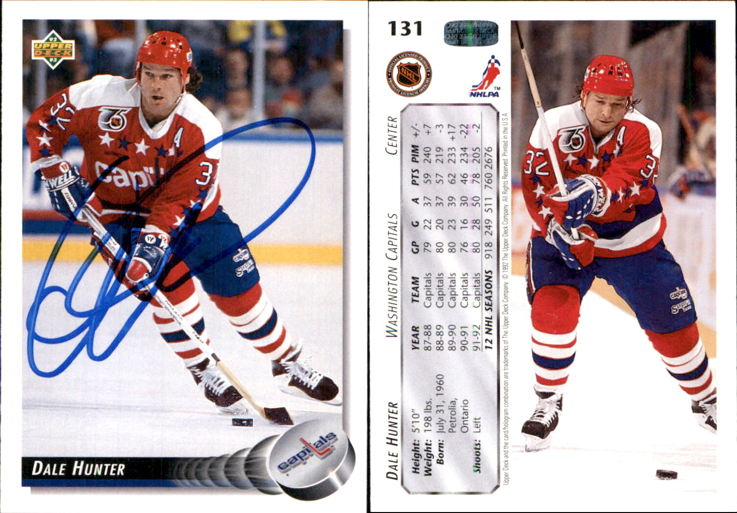 Dale Hunter Signed 1992-93 Upper Deck #131a Card Washington Capitals Auto AU