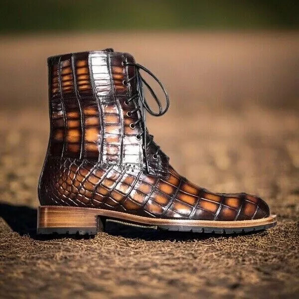 Zapatos hechos a mano para hombre marrón cocodrilo cuero texturizado vestido botines