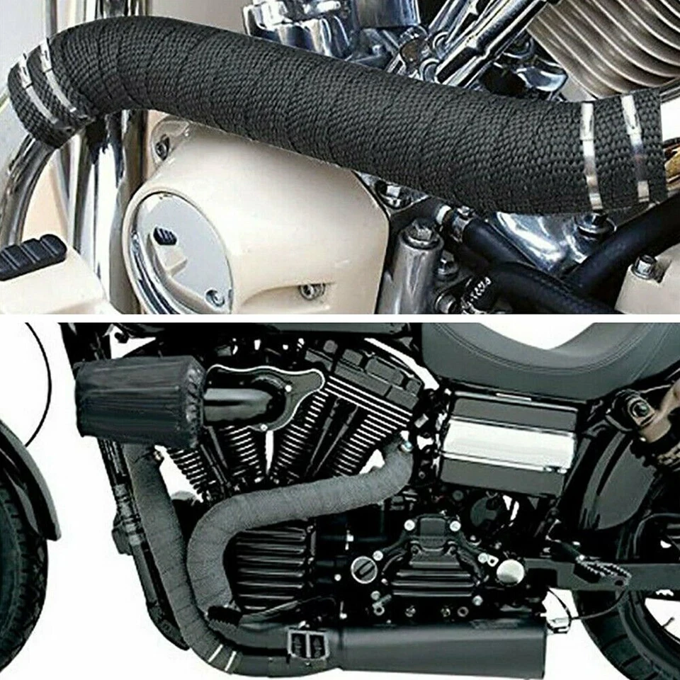 Cinta de tubo de cabezal negro protección envoltura térmica escape motocicleta 2" + kit de 4 lazos EE. UU. Foto 2 de 4