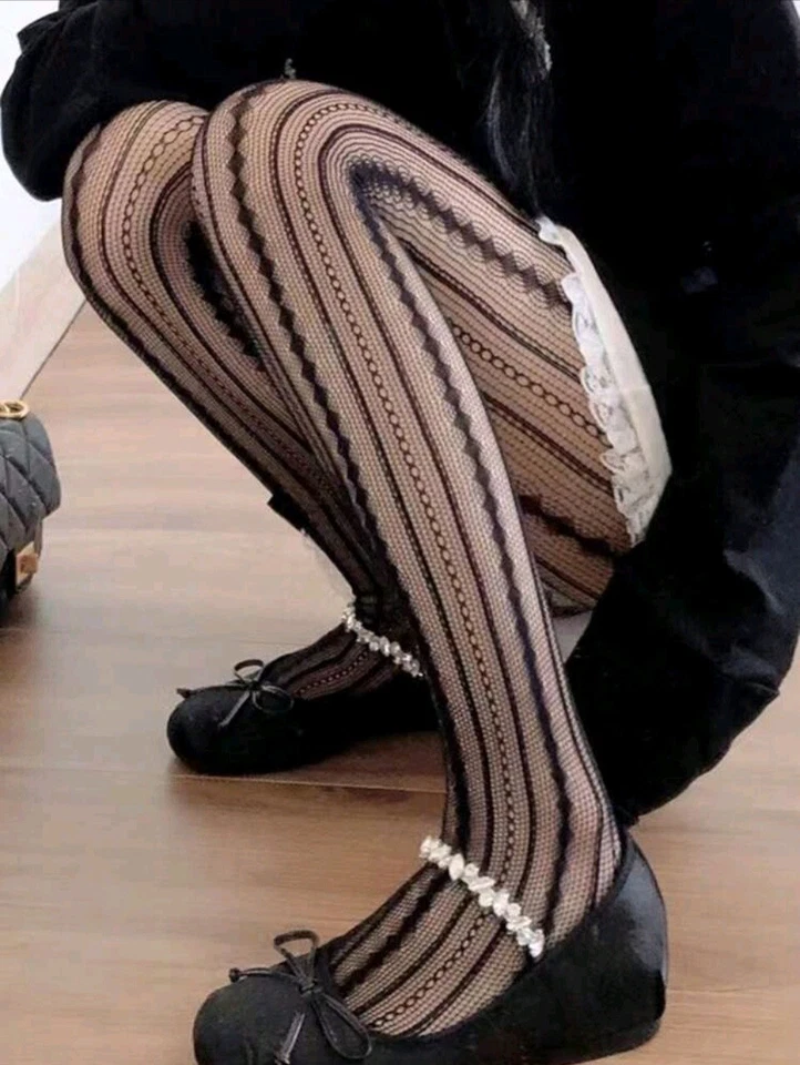 Medias para mujer estampadas pantimedias vintage retro románticas diseño a rayas Foto 2 de 4