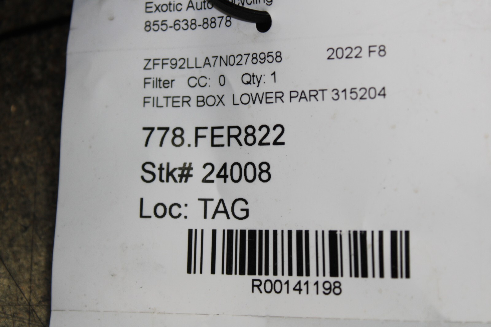 Ferrari F8, 488, Lower Air Cleaner Box, Used, P/N 315204