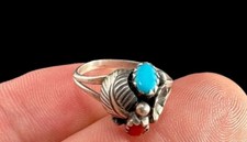 Ring Navajo Sterling Silver Turquoise Coral Flower Leaf Band Size 5