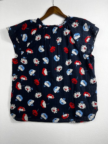 LOFT Daisy Button Tie Neck Top Short Sleeve Size XL Navy Blue - Picture 9 of 9