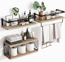 Bathroom Over Toilet Floating Shelves Wall Mounted W/ Metal Frame Towel Bar
