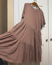 Cotton Tiered Babydoll Midi Dress XL Dusty Rose Short Sleeve Pockets Casual Boho