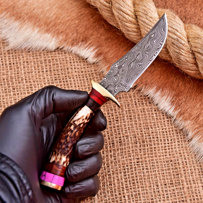 Custom Made Damascus Fix Blade Hunting Skinner Knife Original Stag Antler Handle