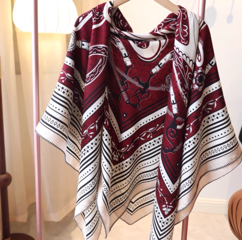 70% Cashmere 30% Silk Wrap Scarf Red Chain Print Double Face Print Shawl 55''