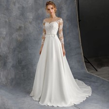 A-Line 3/4 Sleeve Wedding Dresses Robe De Mariee Custom Made Sheer O-Neck Lace