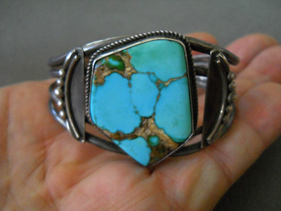 Southwestern Native American Navajo Blue & Green Turquoise Sterl Silver Bracelet