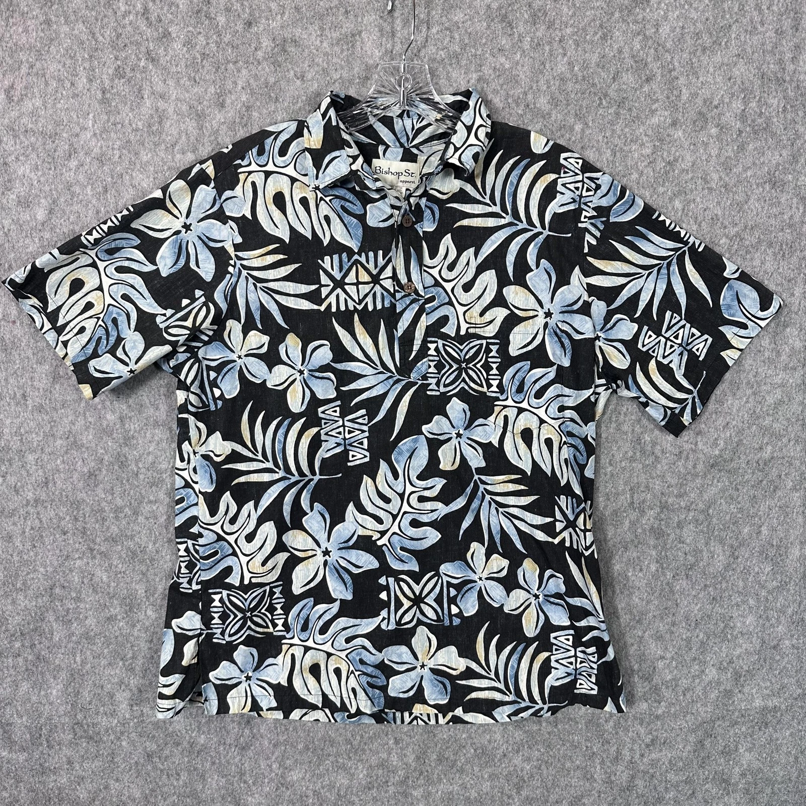 Bishop St. Shirt Mens Large Black Aloha Floral Short Sleeve Made in Hawaii USA