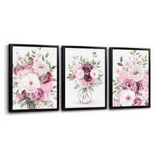 Floral Wall Art Pink Rose Botanical Prints Black Framed Flower Paintings Mode...