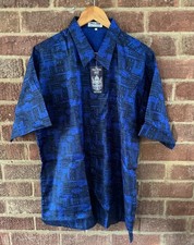 THAI Silk Vintage Blue & Black Retro PRINT apple Shirt XXL 50 “