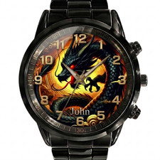 Personalized Luxury Fantastic Dragon Fire Enthusiast Black Stainless Steel Watch