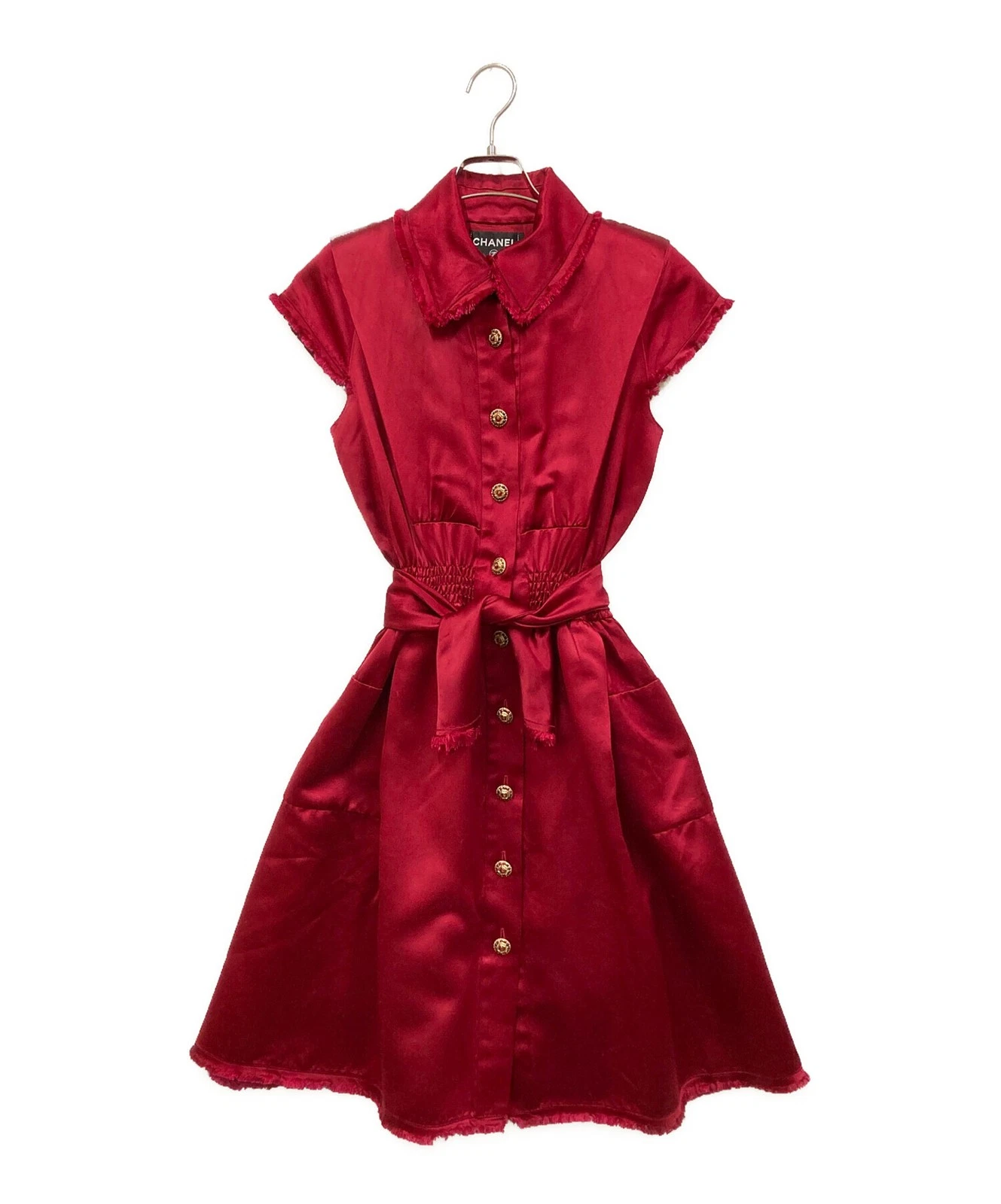 Chanel — CHANEL Silk Gathered Waist Dress Red Coco Button Belt France SR2001