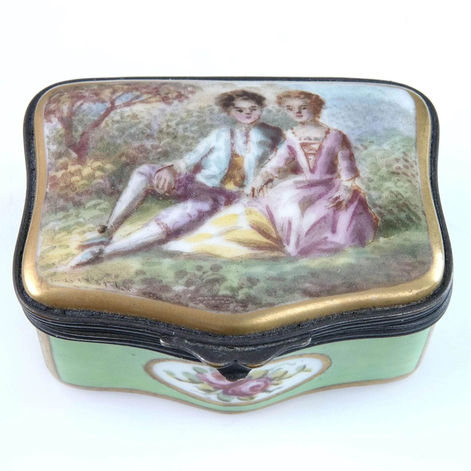 c1920 French Hand painted Trinket box with courting scene
