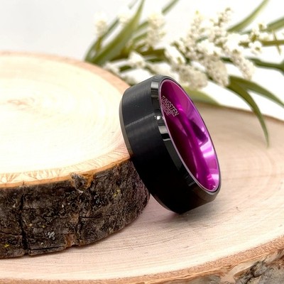 Brushed Black 8mm Tungsten Christmas Gift Ring Pink Lined Interior Engraved Band