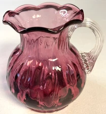 Pilgrim Hand Blown Cranberry Glass Pitcher Vase with Handle 3.5"