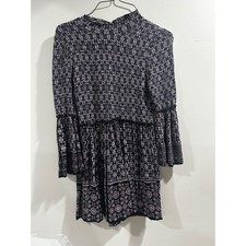 Forever 21 Boho Smocked Mock Neck Bell Sleeve Medallion Mini Dress Navy Small