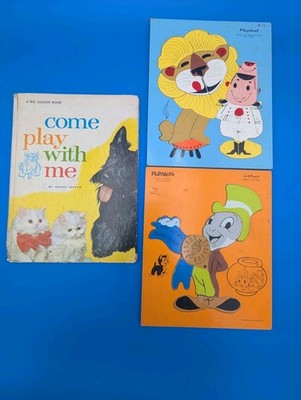 Playskool Wooden Puzzle Lot Of 2 Jiminy Cricket Lion Complete Big Golden Vintage