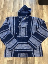 Mexican Poncho Baja Hoodie Surfer Skater Pullover Mens Size L Blue/White