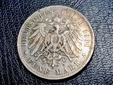 1900 A, PRUSSIA, GERMANY FIVE MARK SILVER COIN. WILHELM II. BERLIN MINT.