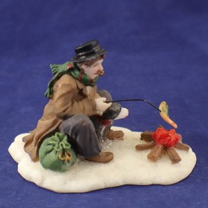 Christmas Village Accessory Man Cooking Fish Over Fire Porcelain