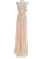 Evening Glam Maxi Gown Beige Satin Corset Sweetheart Strapless Bow Sequin XS