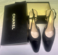 Vtg Classic Chanel Cap Toe Blk Leather/Fabric Slingback Block Heels Size 39 1/2