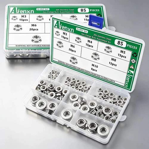 85PCS 6 Metric Sizes 304 Stainless Steel Hex Flange Nuts Assortment Kit-M3 M4 M5 image 6